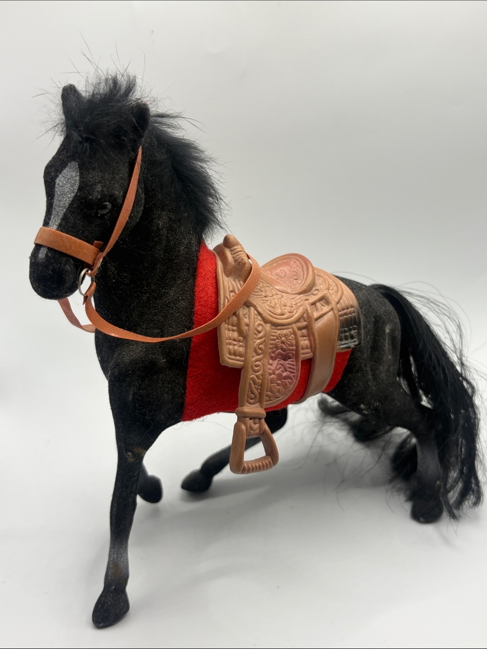 Vintage Flocked Black Stallion Horse Saddle Western Equestrian Figure Model Toy